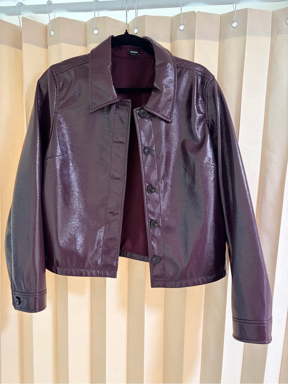 Express Faux Leather Patent Button-Down Jacket- Deep Plum